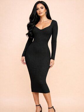 Women's Sweet Heart Neck Long Sleeve Dress (Black) Party & Elegant Dress
